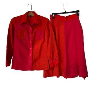 Vintage 70s Finlandia Skirt Suit Colorblock A Line Orange Pink Wool